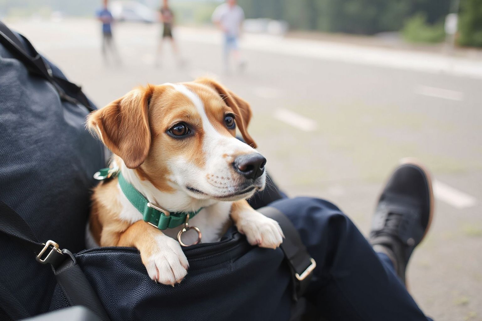 A small brown and white dog with a green collar sits in a dark carrier on a person’s lap, looking right.
