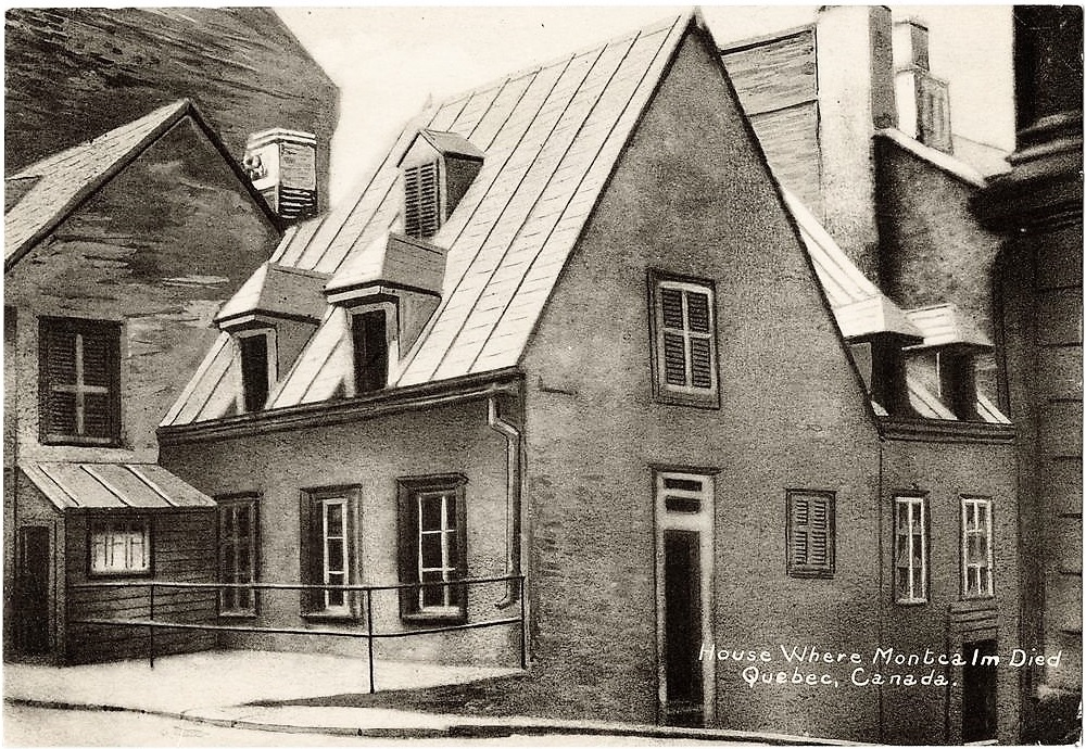 Black and white photo of an old stone house with a steep roof and dormer windows, with text &ldquo;House Where Montcalm Died Quebec, Canada.&rdquo;