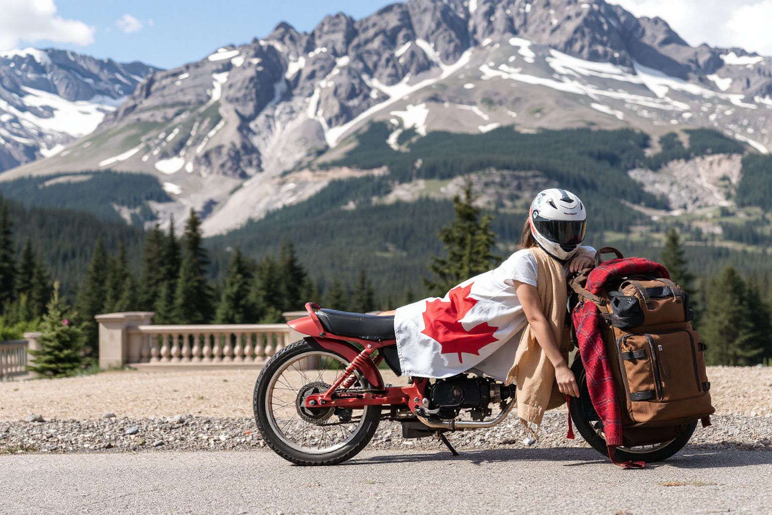 Person with Canadian flag and helmet leaning on a red motorcycle with a backpack, against snow-capped mountains.
