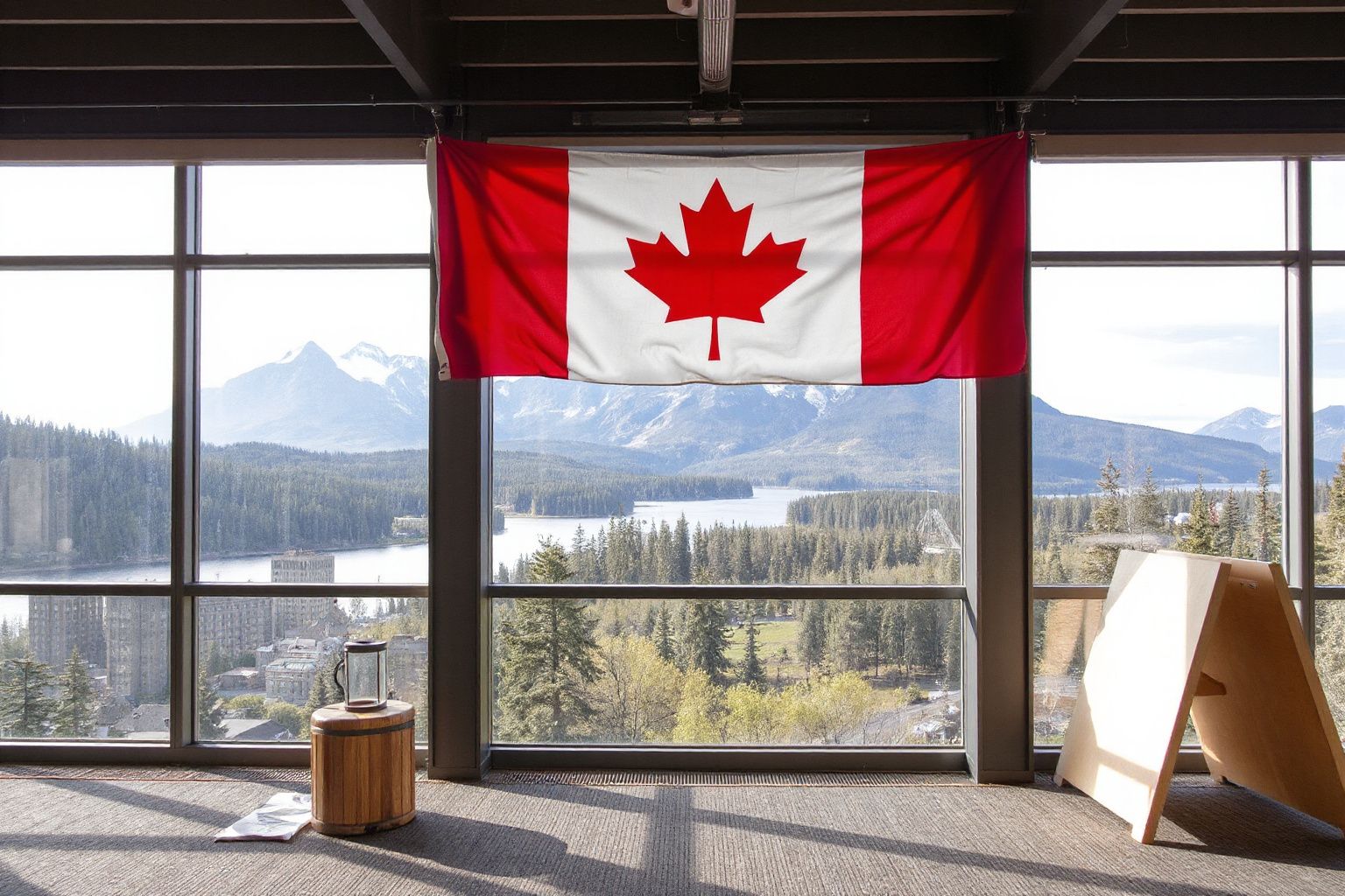 A Canadian flag hangs indoors in front of a large window with a view of mountains, a lake, and a forest.