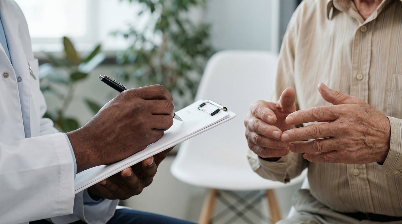 Travel to Canada for medical treatment on an eTA: a doctor's hands writing on a clipboard beside an older patient's hands